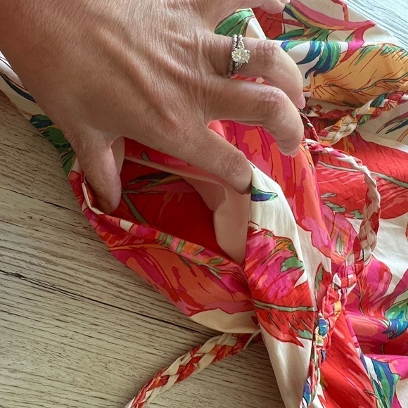 Nine West Off Shoulder Short Puff Sleeve Belted Tropical Floral Print Dress M - Picture 7 of 12